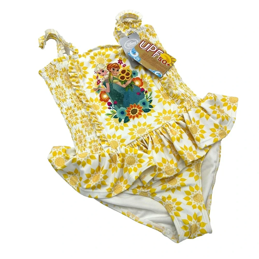 Disney‎ Store Frozen Princess Anna Elsa Swim Suit Yellow Floral 9/10 New